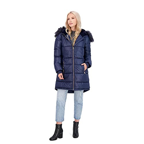 Jessica Simpson Women's Quilted Puffer Winter Coat w/Faux Fur Hood Navy XL