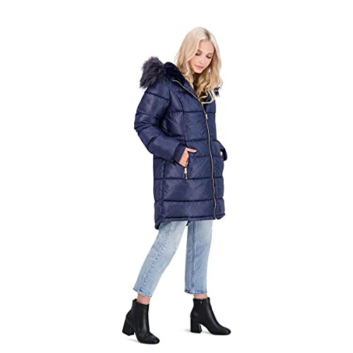 Jessica Simpson Women's Quilted Puffer Winter Coat w/Faux Fur Hood Navy XL