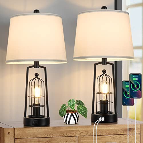 BrightEver Table Lamps with 2 USB Ports, Set of 2 Rustic Industrial Lamp - Black