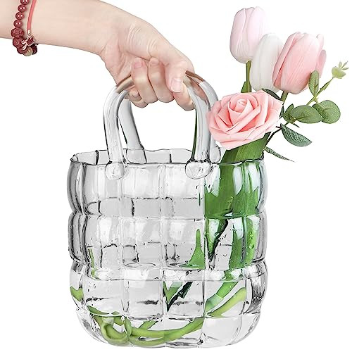 Unique Purse Vase for Flowers,11'' Handmade Thicken Bubbled Glass Bag Vases