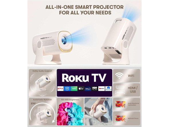 Miroir Roku TV Smart Projector with WiFi and Bluetooth, 150 ANSI, Dolby Audio,