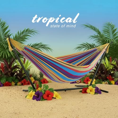 Vivere Double Cotton Hammock Space Saving Steel Stand - Tropical New