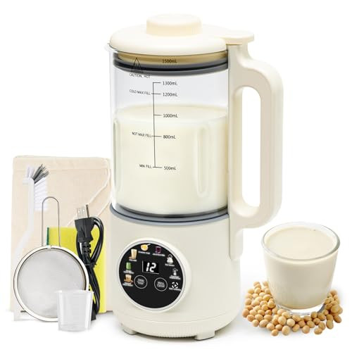 NESTEASE 8-In-1 Nut Milk Maker, 50 oz Glass Soy Almond Oat Milk Machine - White