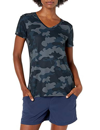 AMAZON ESSENTIALS WOMEN'S ACTIVE T-SHIRT, L, BLACK/NAVY CAMO New