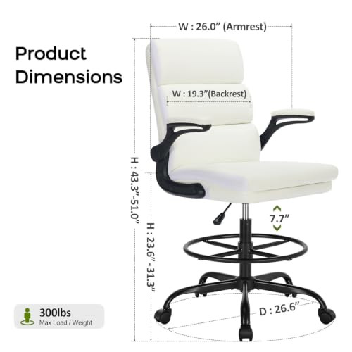 AMSEATEC DRAFTING CHAIR TALL OFFICE WITH FOOTREST FOR STANDING DESK WHITE New
