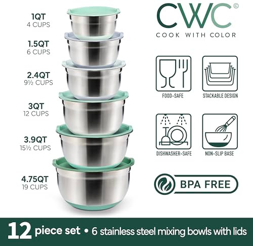 COOK WITH COLOR STAINLESS STEEL MIXING BOWLS WITH LIDS 12 PIECES - SAGE