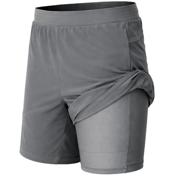 JUMP START MEN'S 2 IN 1 STRETCH GYM RUNNING SHORTS WITH LINER - GRAY - SIZE M New