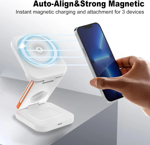 3 IN 1 WIRELESS CHARGING, 15 KW FAST CHARGER FOLDABLE FOR IPHONE - WHITE