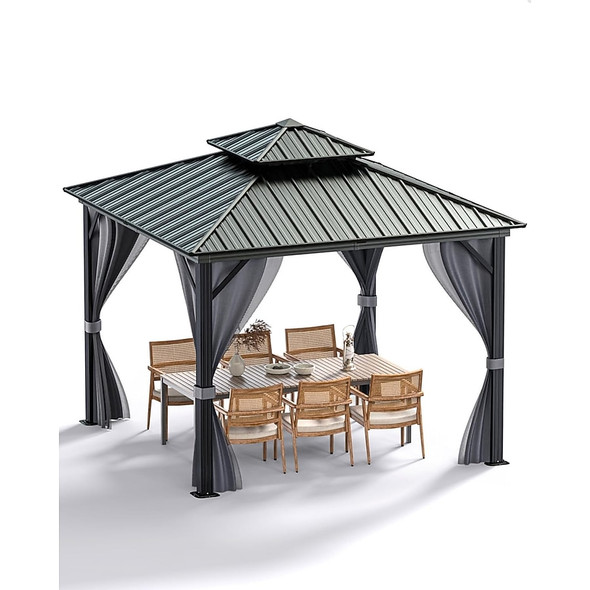 GARVEE 10X10 FT HARDTOP GAZEBO ALL WEATHER DOUBLE ROOF ALUMINUM ALLOY - BLACK