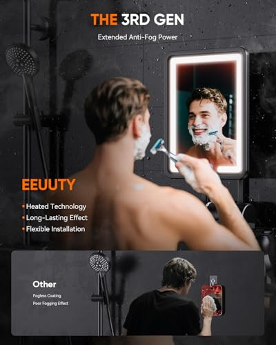 EEUUTY HEATED SHOWER MIRROR FOGLESS FOR SHAVING (GEN 3) - BLACK