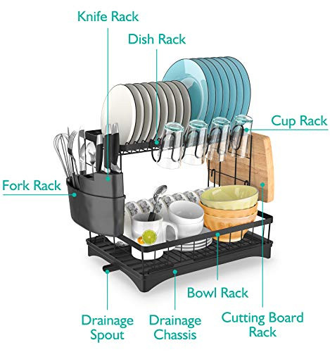 YASONIC Dish Drying Rack with Drainboard, 2-Tier Dish Drainer - Black