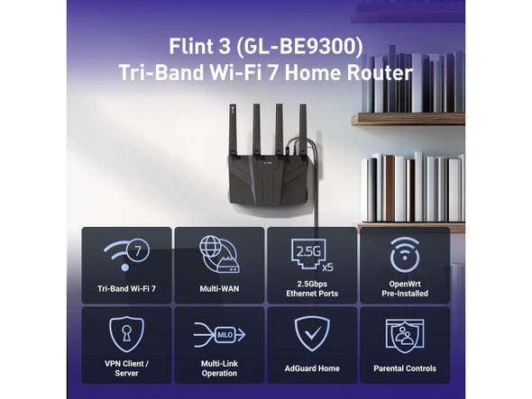 GL.iNet GL-BE9300 Flint 3 Tri-Band Wi-Fi 7 Router 5 x 2.5G VPN Router | Tri-Band