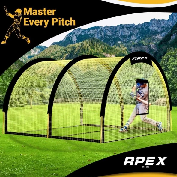 APEX SPORTS PORTABLE 22FT X 12FT X 8FT BASEBALL & SOFTBALL BATTING CAGE - YELLOW