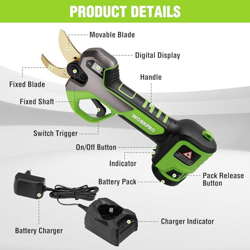 WORKPRO 12V ELECTRIC PRUNING SHEARS 0.6" & 1" CUT CAPACITY 2 PC W159047AE- GREEN