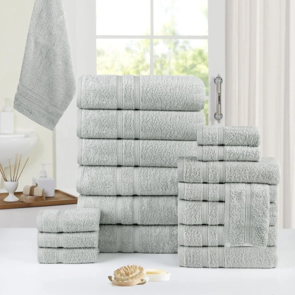 BIBB HOME 18 PIECE ZERO TWIST EGYPTIAN COTTON TOWEL SET - SILVER New