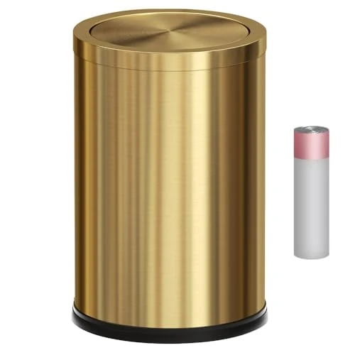 cleaning Stainless Steel Trash can with Flipping Lid (Golden monolayer) New