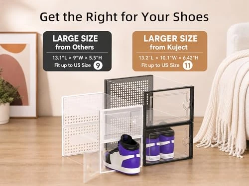 KUJECT X-LARGE SHOE STORAGE BOXES 12 PACK, CLEAR STACKABLE SHOE ORGANIZER BLACK