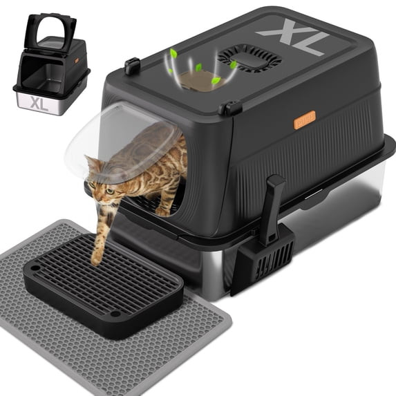 KERHOUZE STAINLESS STEEL LITTER BOX LID ENCLOSED LARGE CAT LITTER BOX - BLACK