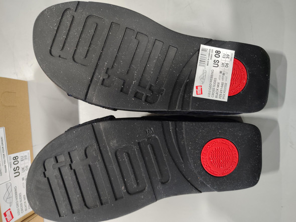 FITFLOP WOMEN'S GEO-WEBBING CROSS SLIDES - SIZE: WOMEN 8 - BLACK MIX