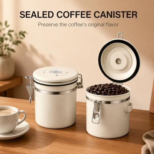MEGAWISE VC0003 COFFEE CANISTER, AIRTIGHT STAINLESS STEEL, 1.5L - CREAM WHITE New