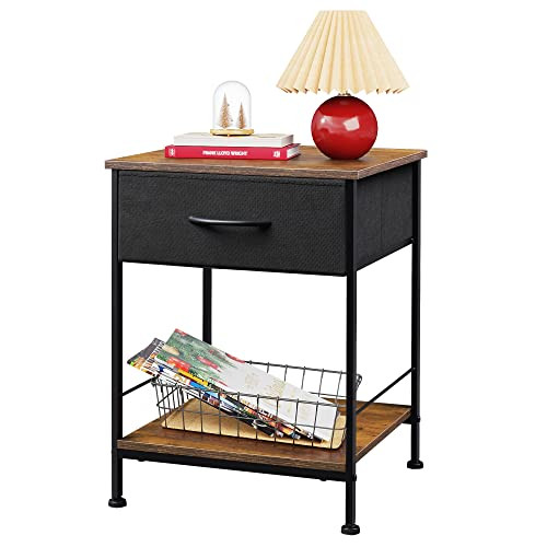 WLIVE Night Stand, Side Table with Fabric Storage Drawer - Black/Rustic Brown New