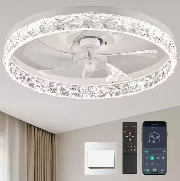 LTEMZIIY 20 IN INDOOR MODERN WHITE CRYSTAL FLUSH MOUNT CEILING FAN LIGHT - WHITE New