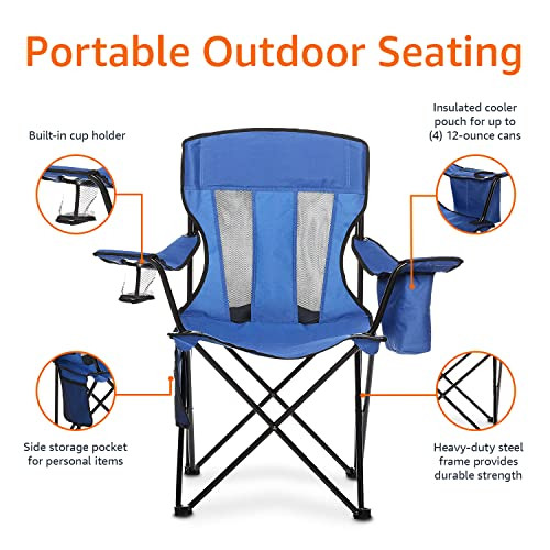 Amazon Basics Portable Folding Camping Chair 4-Can Cooler Large Blue New