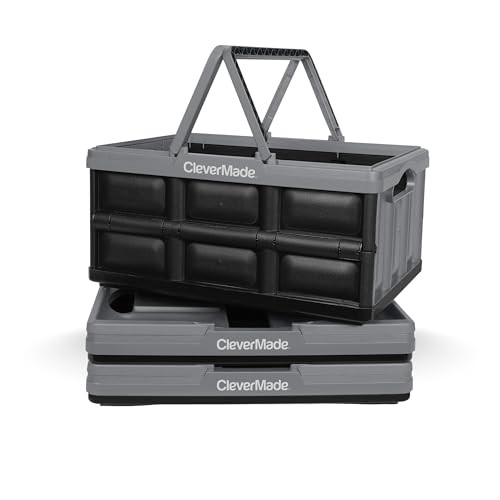 CLEVERMADE COLLAPSIBLE SHOPPING BASKET, 32L STORAGE CRATE, 3 PACK - STONE