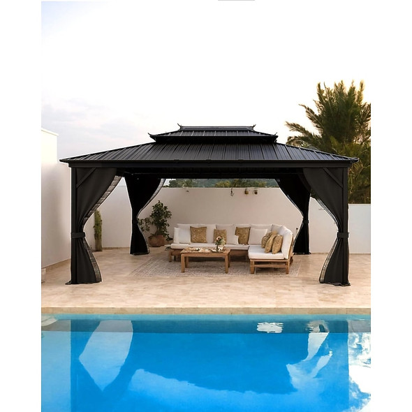 GARVEE HARDTOP GAZEBO 12X16 FT FOR ALL WEATHER DOUBLE METAL ROOF NET - DARK GRAY New
