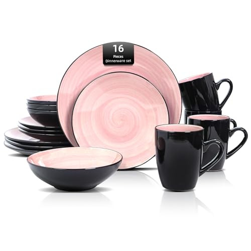 HomeVss, Stoneware Sonoma 16pc Dinnerware Set - Black + Speckled Spin Wash Rose New