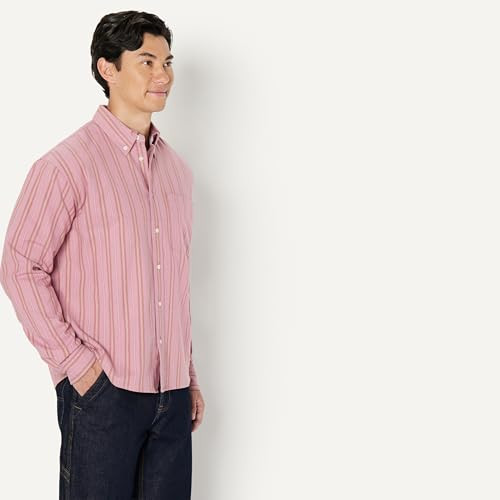 AMAZON ESSENTIALS MODERN OVERSIZED-FIT COTTON LONG SLEEVE SHIRT - MEN S - STRIPE New