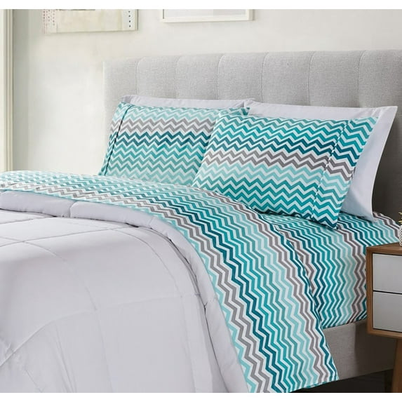 BIBB HOME EGYPTIAN LUXURY 1800 COUNT 4 PIECE SHEET SET AQUA CHEVRON - KING