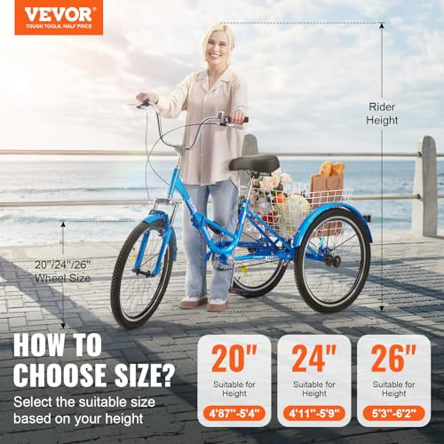 VEVOR Folding Adult Tricycle, 24" Adult Folding Trikes, SS003-2C - Blue