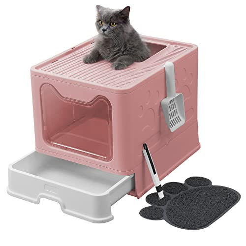UIMNJHUKE Foldable Cat Litter Box with Lid, Extra Large Kitty Litter Box - Pink New