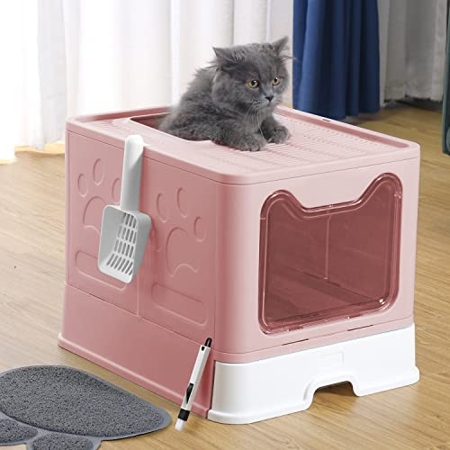 UIMNJHUKE Foldable Cat Litter Box with Lid, Extra Large Kitty Litter Box - Pink New