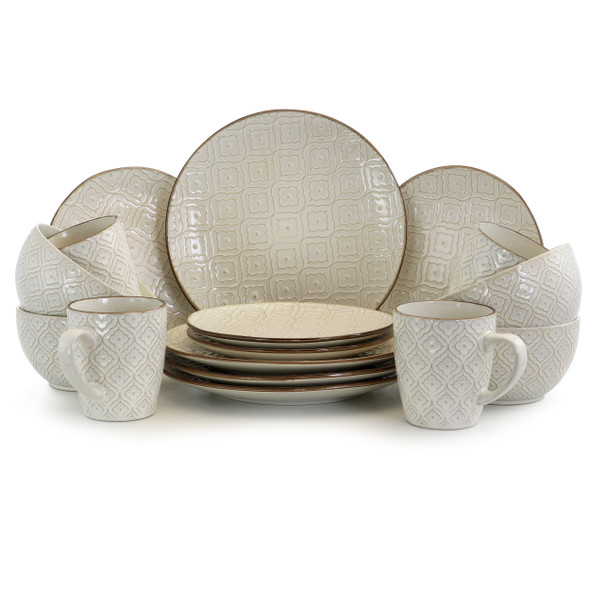 Elama White Lilly 16 Piece Stoneware Dinnerware Set New