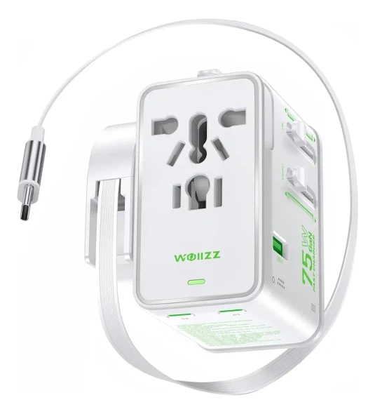 WOLLZZ 75W UNIVERSAL TRAVEL ADAPTER WITH 5 PORTS AND RETRACTABLE CABLE - WHITE New