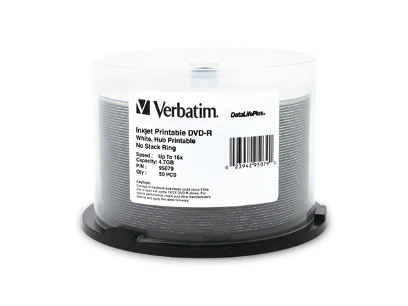 Verbatim 4.7GB 16X DVD-R White Inkjet Printable, Hub Printable 50 Packs Spindle