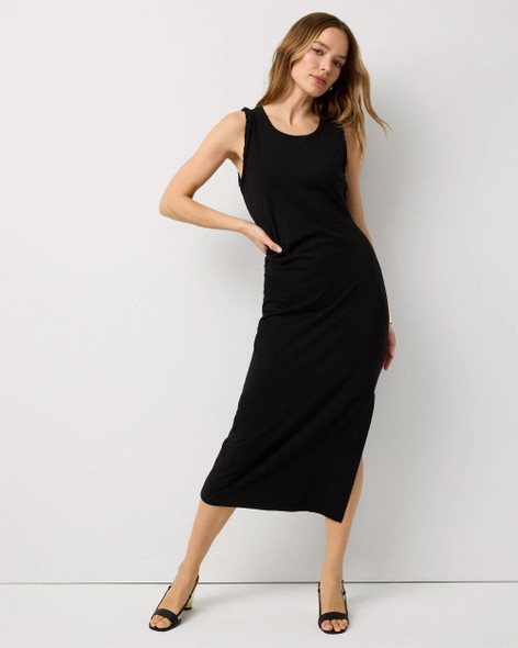 WHITE HOUSE BLACK MARKET RUCHED SLEEVELESS MIDI DRESS - SIZE: WOMEN M - BLACK