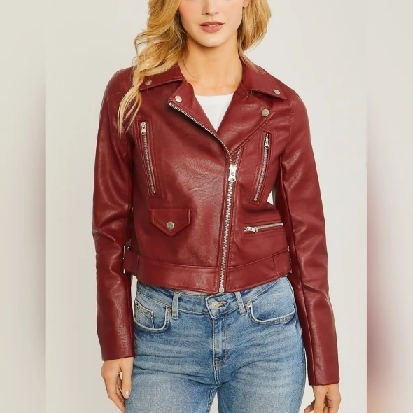 LOVETREE MOTO ZIP UP FAUX LEATHER JACKET FAUX LEATHER - SIZE: SMALL - RED New