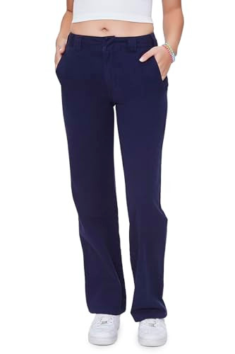 004537300202 Forever 21 Women Straight-Leg Twill Pants Navy Small