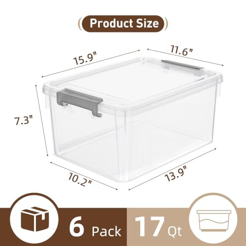 CITYLIFE 6 Packs 17 QT Plastic Storage Bins Lids Large Stackable Storage - Clear New