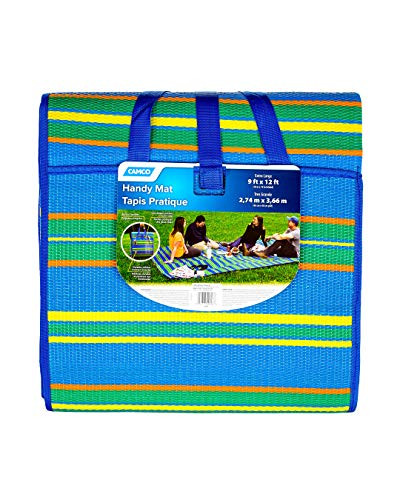 Camco 9' x 12' Handy Mat with Strap - Blue, Green, and Yellow Striped Pattern New