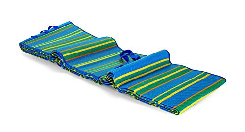 Camco 9' x 12' Handy Mat with Strap - Blue, Green, and Yellow Striped Pattern New