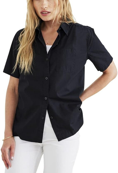 DOCKERS REGULAR FIT SHORT SLEEVE BUTTON DOWN SHIRT - SIZE: WOMEN M - BLACK New