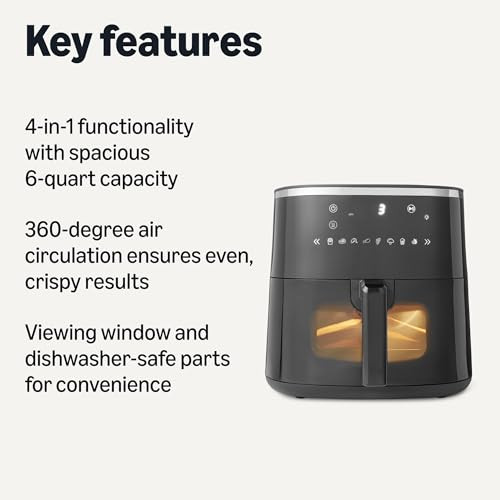 AMAZON BASICS 6-QUART DIGITAL AIR FRYER EASY VIEW WINDOW 1550W AFT0003B - BLACK