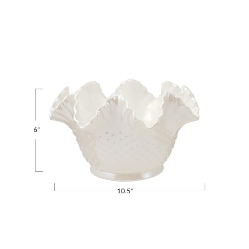 Creative Co-Op Stoneware Ruffled Hobnail Decorative Bowl, White Pearlized Glaze