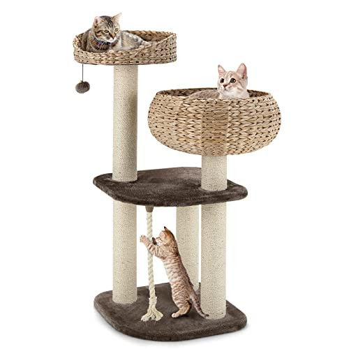 Tangkula Modern Cat Tree Small/Tall Cat Tower Natural Scratching Post