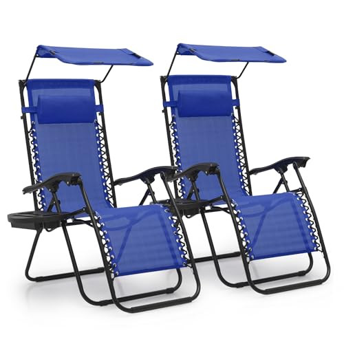 MoNiBloom Zero Gravity Chair Set of 2 Canopy Shade Patio Folding Recliner Blue New