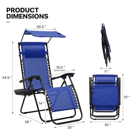 MoNiBloom Zero Gravity Chair Set of 2 Canopy Shade Patio Folding Recliner Blue New
